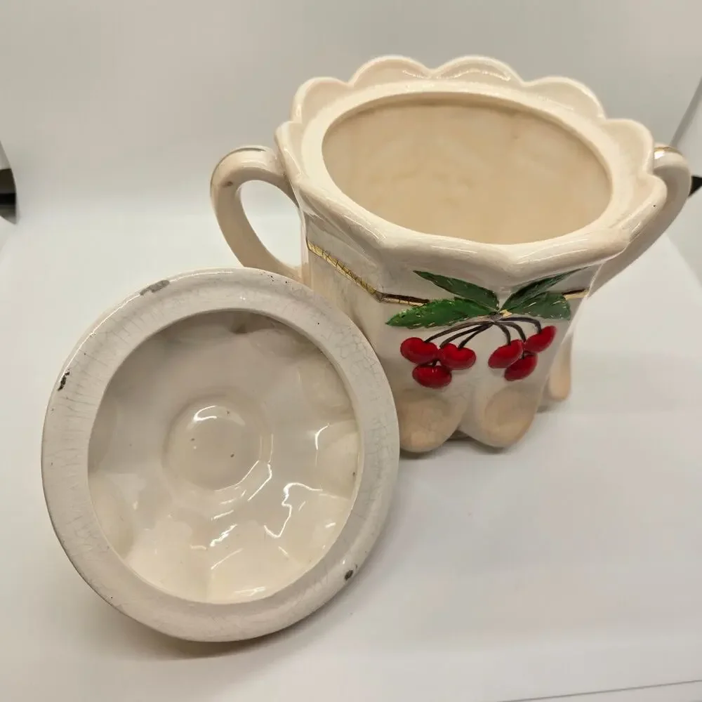 Vintage Westmoreland Milk Glass Hand Painted Cherry Thumbprint Panel Cookie Jar